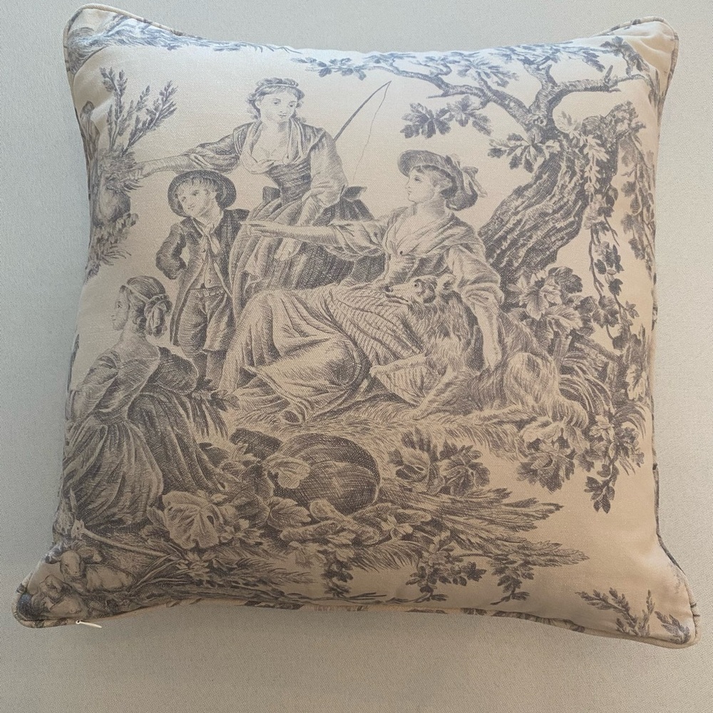 (2) NWOTs Toile Pillow Covers in Cream/Gray/Navy, with Hypoallergenic Inserts.